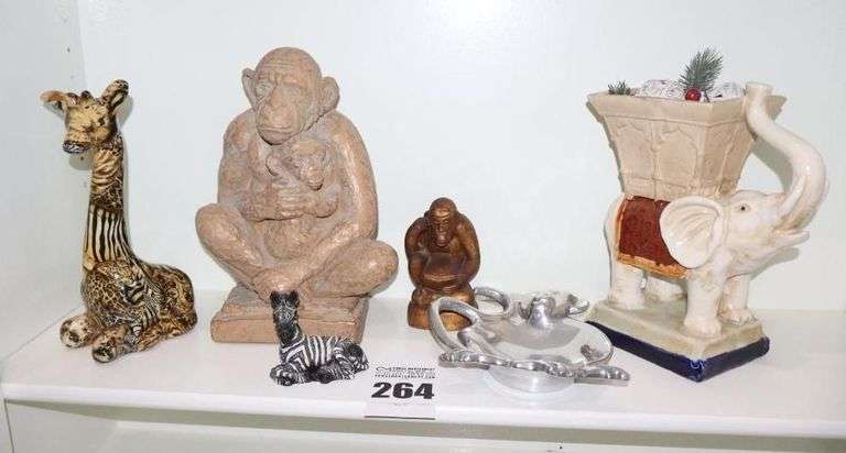 Animal Items: 2 Monkey Statues, Elephant, Giraffe, Zebra & Silver Plate Money tray image