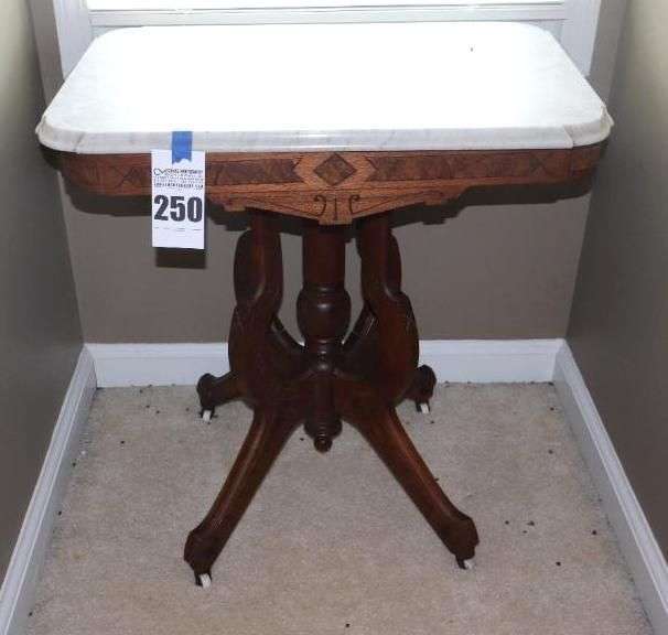 Antique Victorian Marble Top Wood Framed Side Table on wheels  30"x28"x19" image