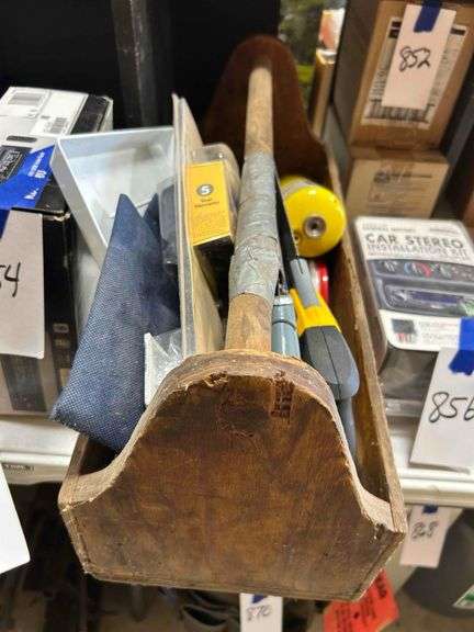 Wood Tool Box with 2 Saws and Plumbing Supplies