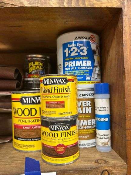 Salvage Lot- Middle Shelf- Stains, Paint, Cleaners Ect,-Bring Box