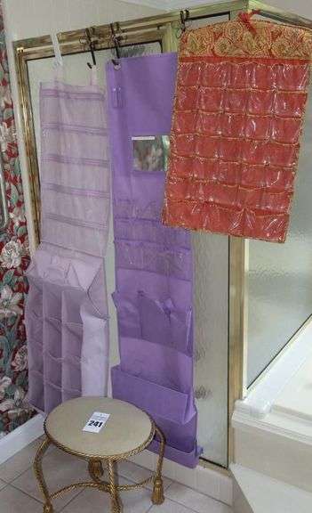 Metal Vanity Stool (gold tone), 3 Cloth Hangers/Organizers (Jewelry/Shoe etc.) image