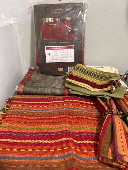 Red Oblong Table Cloth, 4 Christmas Placemats, 2 Multicolor Placemats with Napkins and Rings, 2 Cafe Curtains image