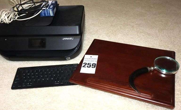 HP Office Jet 4655 Printer/fax/scan/copy/web Machine with additional ink cartridges, Lap desk , unique magnifying Glass & Keyboard image