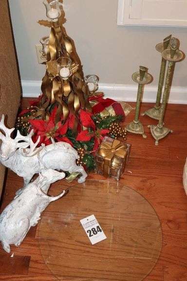 Large Table Top Candle Centerpiece (30") with Christmas Décor on Glass Round, Tall Metal Candle Stick, Glass Box, etc. image