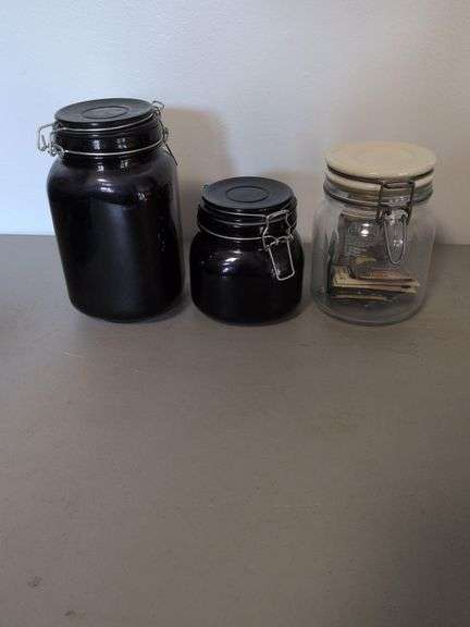2 Black Storage Jars and 1 Clear, Chip and Salsa Serving Dishes image