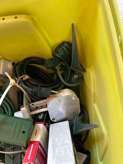 Tote Of Outdoor Lights, Cords and Plugs