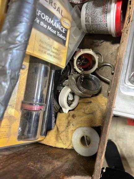 Wood Tool Box with 2 Saws and Plumbing Supplies