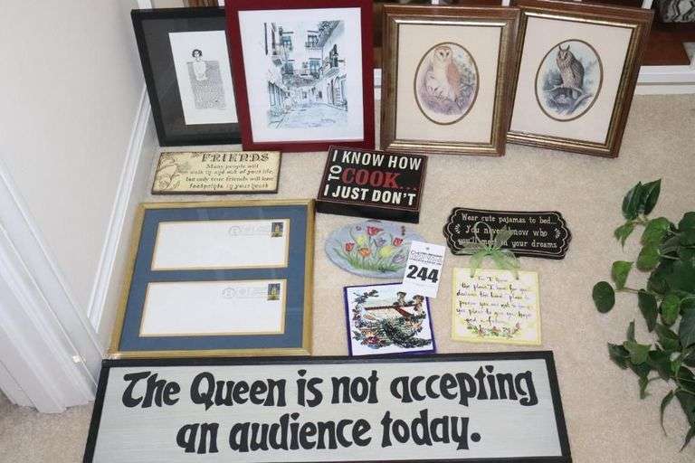 Variety of Wall Art Pieces: Wood, Plaques, Framed "Tennessee 200th Anniversary Stamp" on envelopes (2) for collector, Owls, signs etc. image