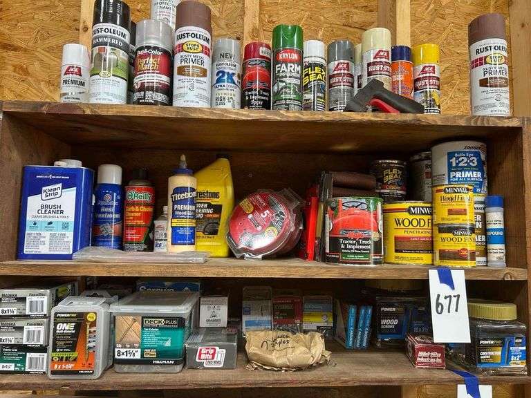 Salvage Lot- Middle Shelf- Stains, Paint, Cleaners Ect,-Bring Box