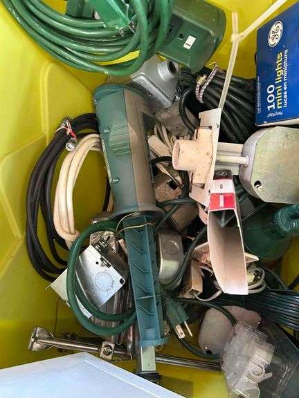 Tote Of Outdoor Lights, Cords and Plugs