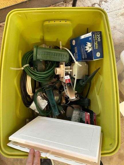 Tote Of Outdoor Lights, Cords and Plugs