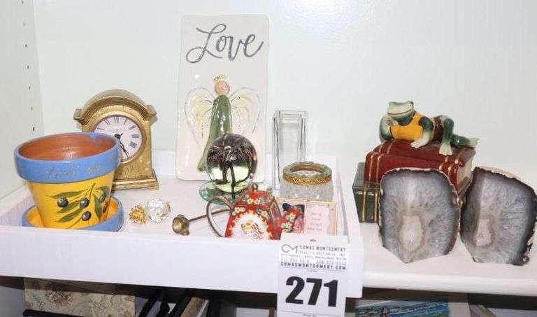 Variety of Items: Clock, Lidded Frog Container, Vase, Rock Bookends etc. image