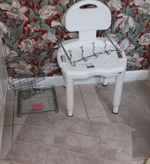 Bath/Shower Chair, 2 Bath Rugs (gray), Shower Caddy, Over the Door hanger, & Health Meter Scale image