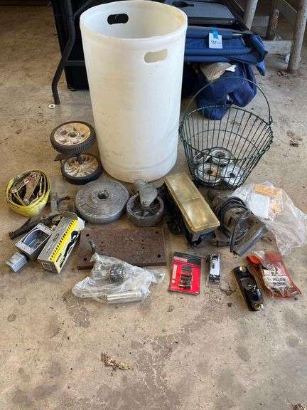 Large Bucket of Miscellaneous Items - Wheels, Lights, Weights etc