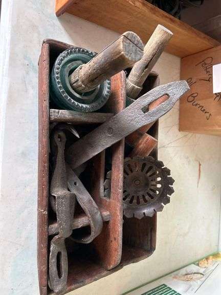 Antique Wooden Tool Box with 3 Insulators, Metal Candle Holder and Rustic Metal Tools image