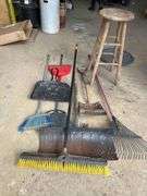Yard Tools, Brooms And Wooden Stool