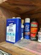Salvage Lot- Middle Shelf- Stains, Paint, Cleaners Ect,-Bring Box