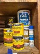 Salvage Lot- Middle Shelf- Stains, Paint, Cleaners Ect,-Bring Box