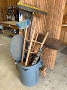 Yard Tools, Brooms And Wooden Stool