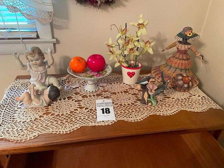 Decorative Collectibles - Porcelain Figurines, Leftern Footed Dish, Straw Doll and Floral Arrangement image