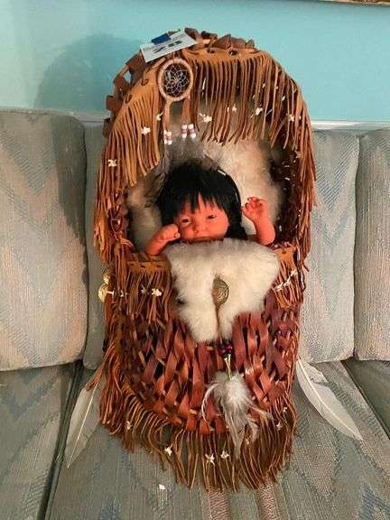 Native American Style Baby Doll in Leather Woven Carrier image