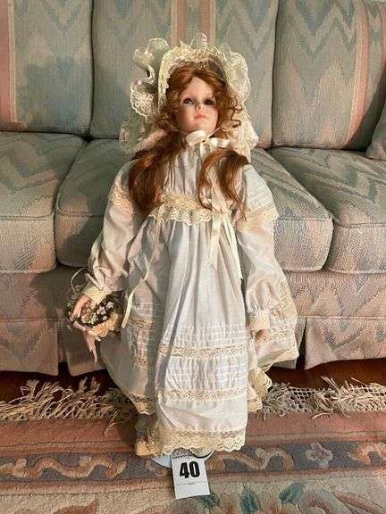 Porcelain Doll with Lace Dress and Bonnet image