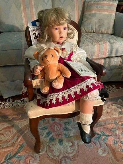 Collectible Porcelain Doll with Teddy Bear and Book image