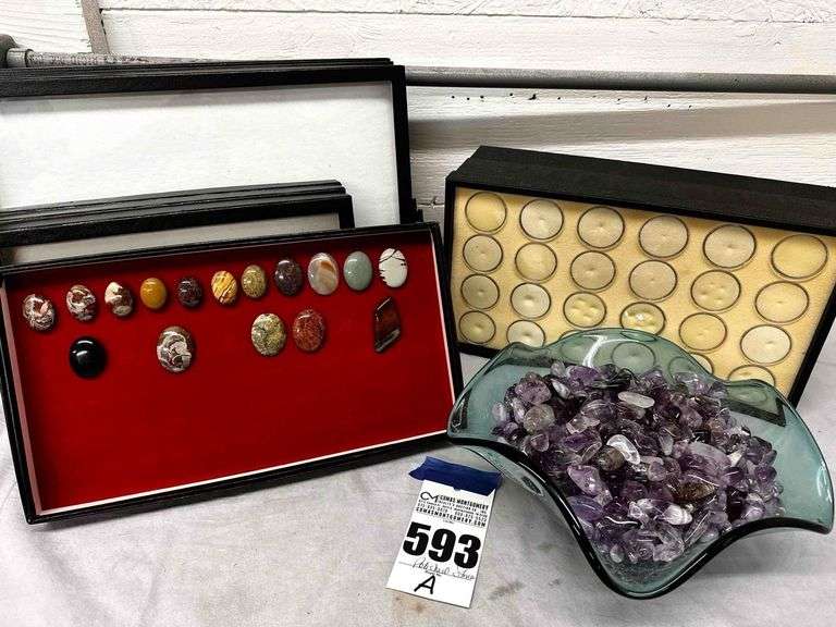 Large Polished Stones & Large Bowl full of Purple Stones. 10 empty displays boxes image