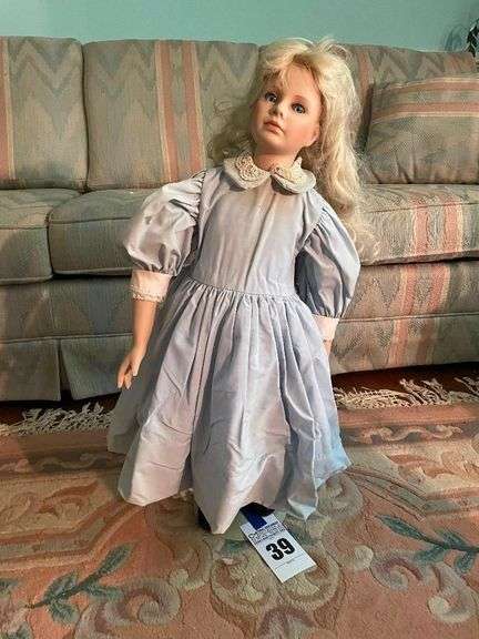 Porcelain Doll with Blonde Hair and Blue Dress image