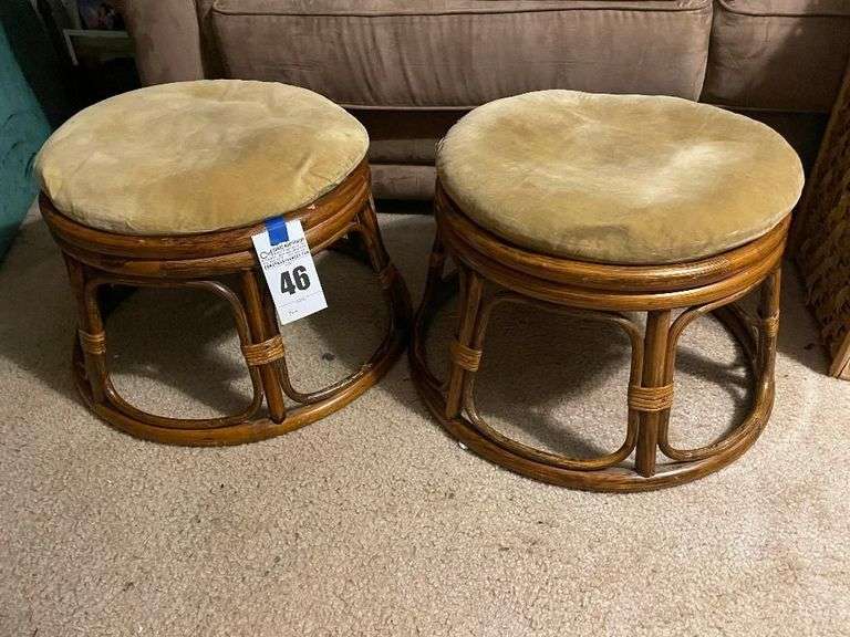 Pair of Rattan Stools with Upholstered Tops image