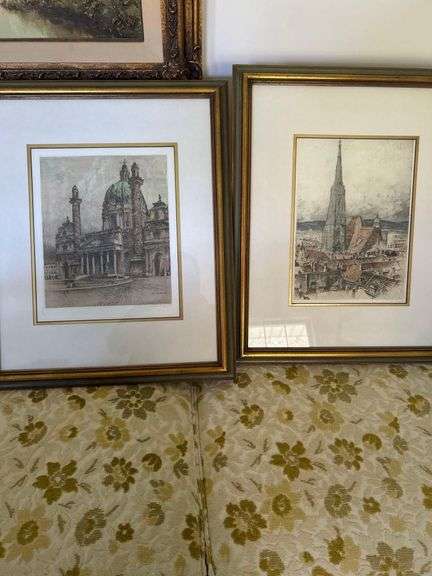 2 Framed Hand-colored Etchings 25”x21” image