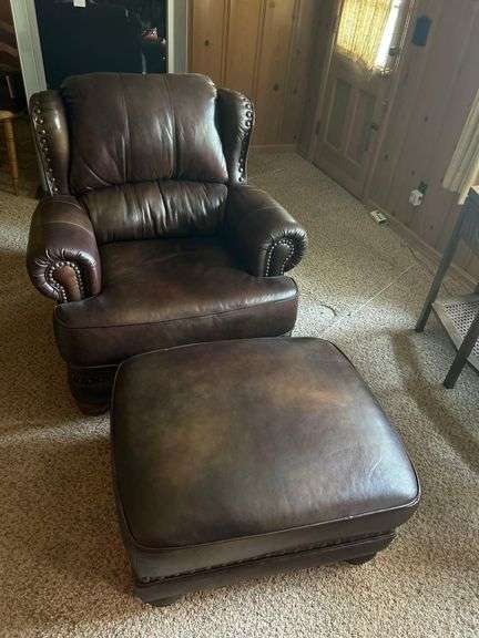 Dark Brown Leather Chair 41”x 38” With Ottoman 33”x 28” image