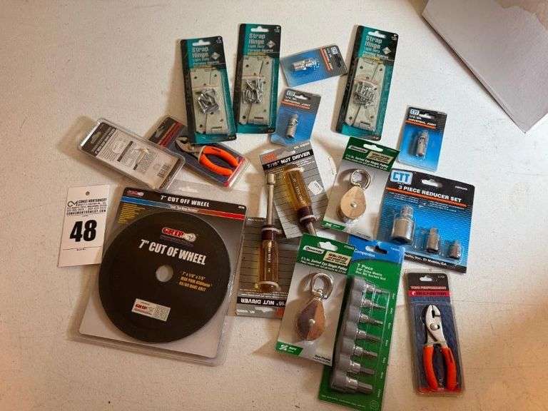 Assorted Tools, Nut Drivers, Pliers, Hinges Etc image