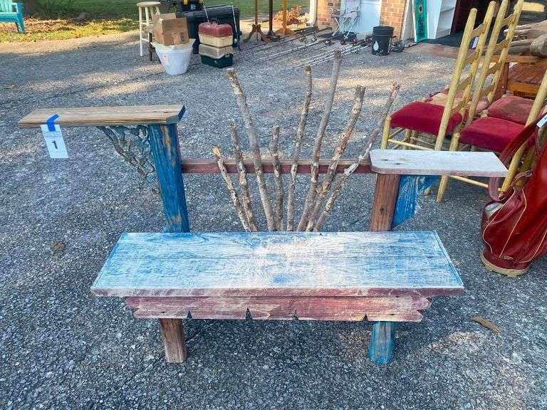 Handmade Wood Bench with Decorative Metal Accents image