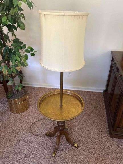 Vintage Wood And Brass Floor Table Lamp with Silk Shade image
