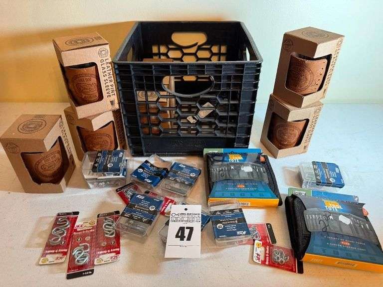 Tool Tote, Assorted Tools, Screws, Leather Pint Glass Sleeves image