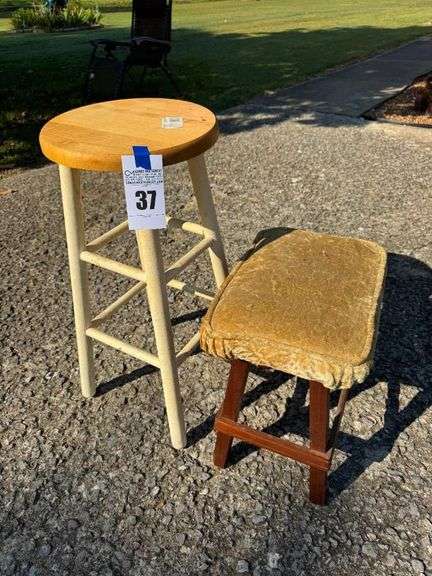Two Stools - Wooden Bar Stool & Upholstered Foot Stool image