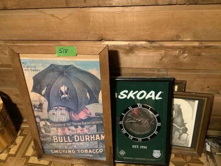 Framed Advertising Prints & Artwork Collection: Gift of the Sacred Pipe; "Reflections of Coup" Native Art by Dan "Buffler" Brewer; "Skoal"; Old Steam Train; Horse w/Rider image