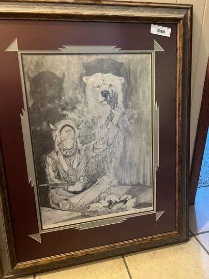 1975 12/100 Yancy D Lough Indian & Bear Drawing, 22x28 image