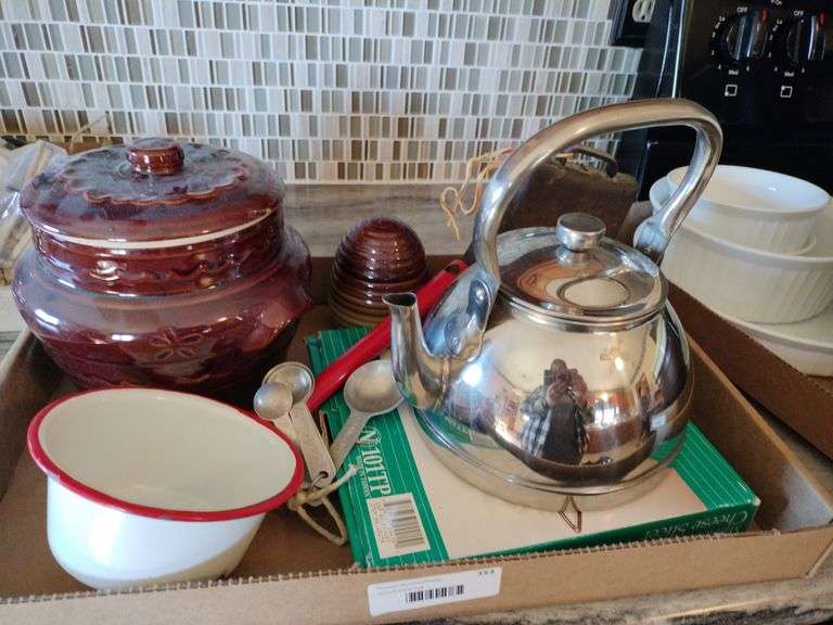 Tea Pot, Ceramic Bean Pot, Enamel Ware Bowl, Marble Cheese Slicer image