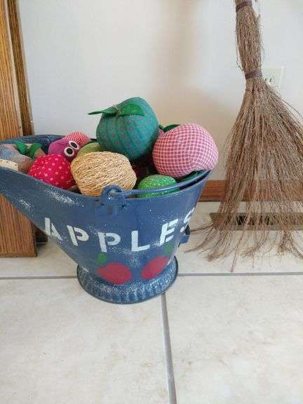 Metal painted coal bucket and contents (fabric apples), whisk broom image