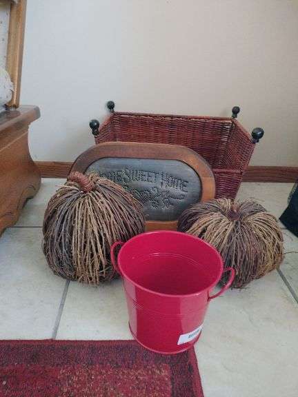 Basket, grapevine pumpkins, red metal bucket, Wallhanging image