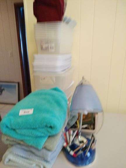 Plastic Shoe Box Storage Containers, Towels, Table Lamp, Hair Dryer, Squeegee image