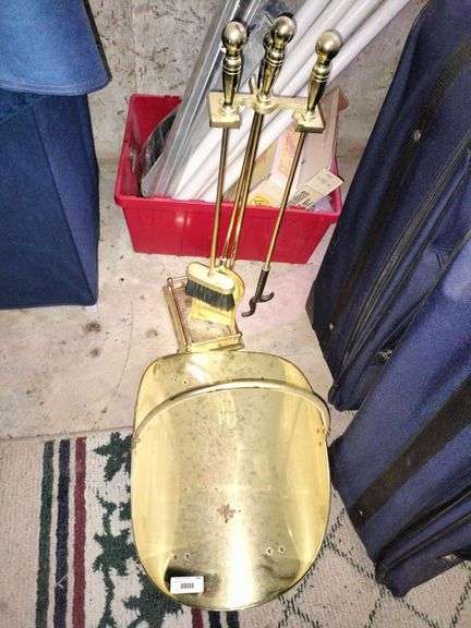 Brass Fireplace Tool Set with Stand and Coal Scuttle image