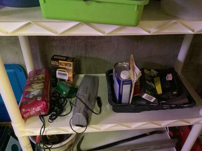 White plastic shelf w/Sanyo TV, paint supplies, more image
