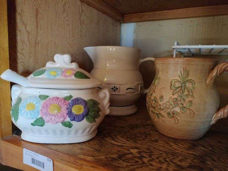 Vintage Kitchen Decor Flower Power Boho Serving Dish, Longaberger Blue Pottery Woven Traditions Classic Large Pitcher 2 Qt./ 64 oz.;  Light Brown Pitcher w/twisted handle image