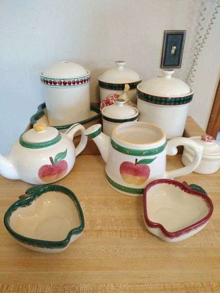 Ceramic Apple Canisters (1 Lid Missing Handle), Tea Pot, Waterer, Cream & Sugar, and Heart Shaped Bowls image