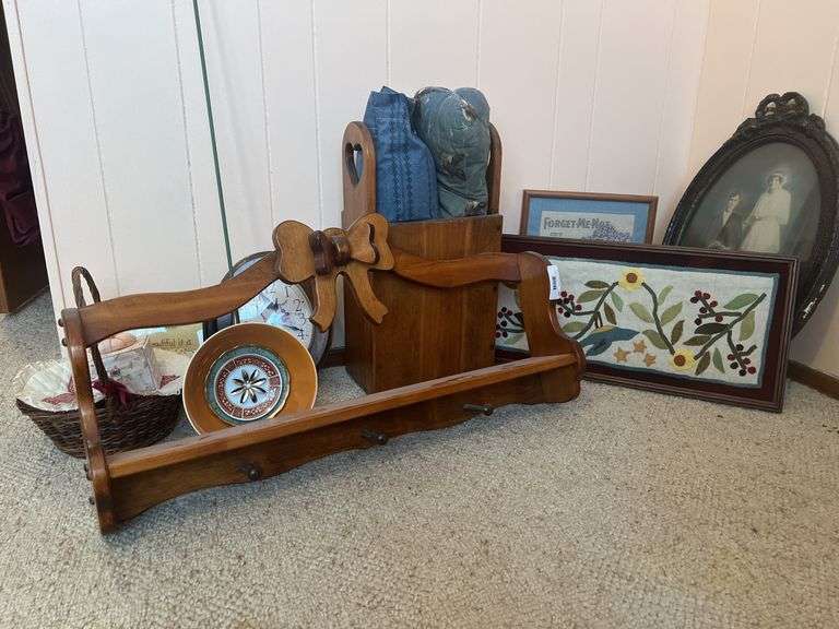 Wooden Hanging Shelf; Basket, Clock, Decorative Bowl, Embroidered Floral Picture, Forget Me Not Floral Picture; Vintage Couple Picture image