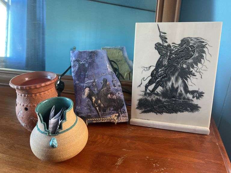 Bill O'Neil Etched Wildlife Art with Stand-1975 War Chief-Montana; Indian Table Lamp; Decorative Pottery; Wax Melter image
