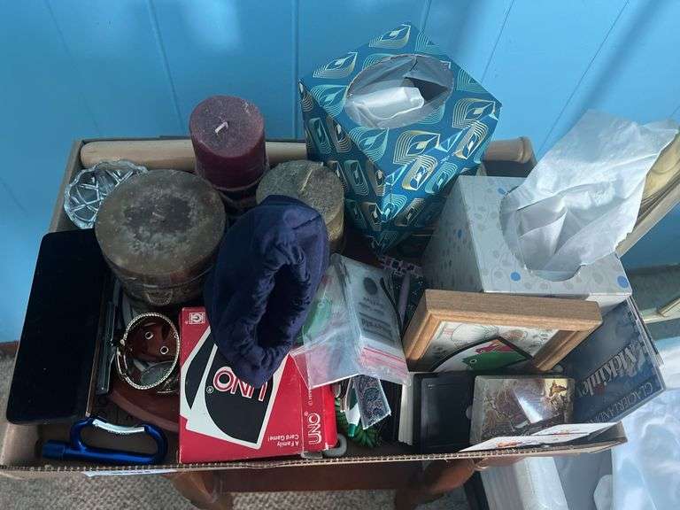 Uno Cards, Tin, Candles, Old Cell Phones, Watch, Key Clip, Tissues, Knick Knacks image